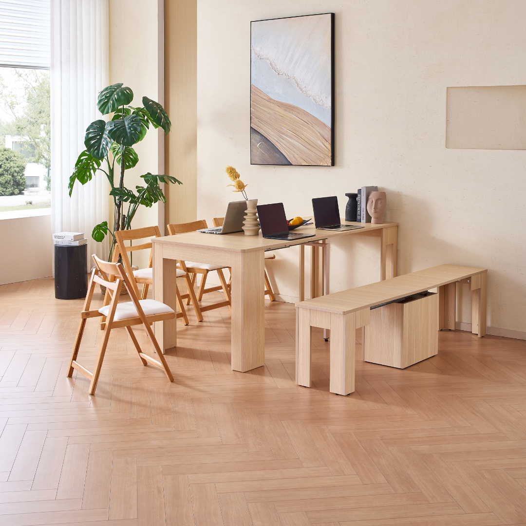 Flexi-Table 套裝:0.4米至1.8米可伸縮餐桌+可伸縮長凳+2張折疊椅