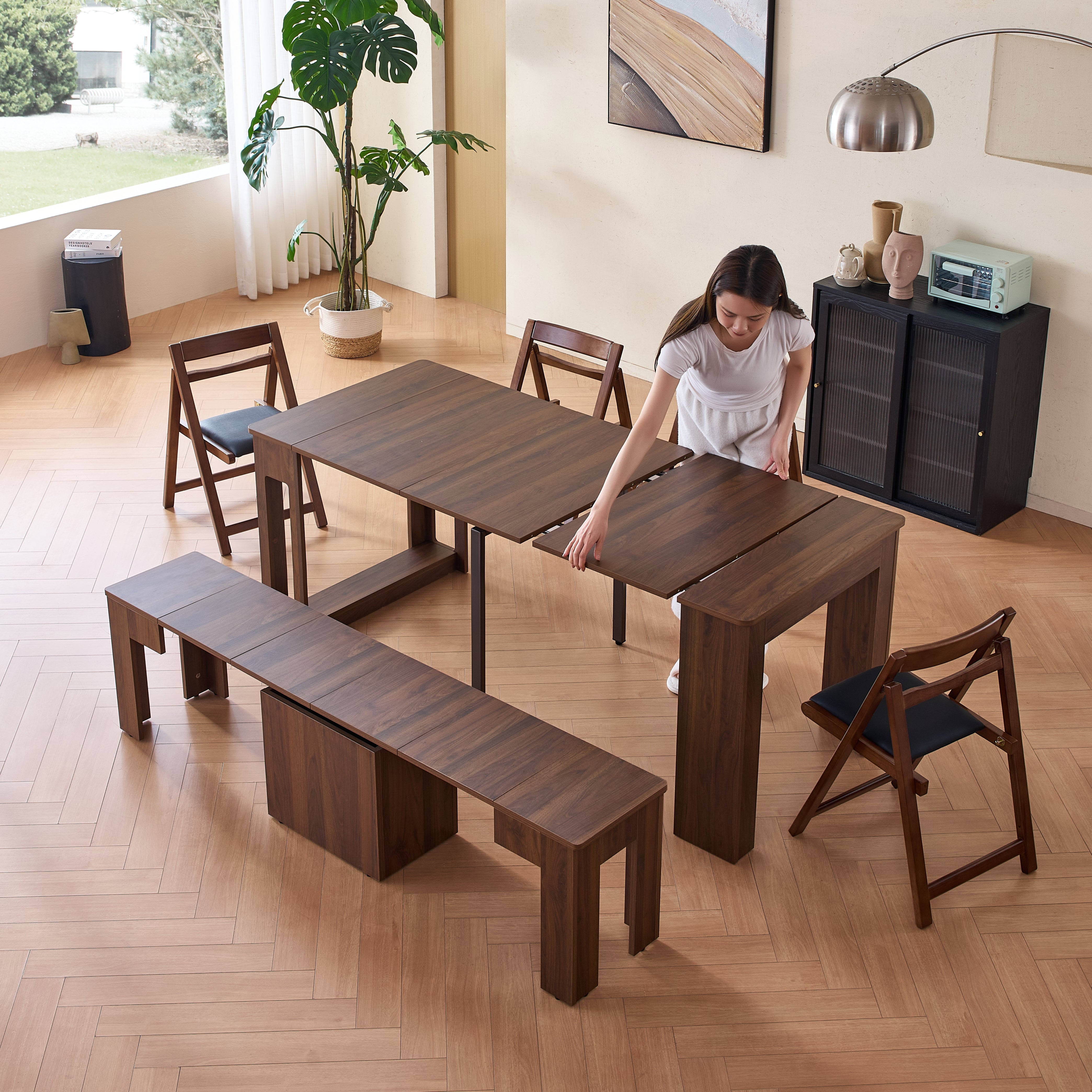 Flexi-Table 套裝:0.4米至1.8米可伸縮餐桌+可伸縮長凳+2張折疊椅