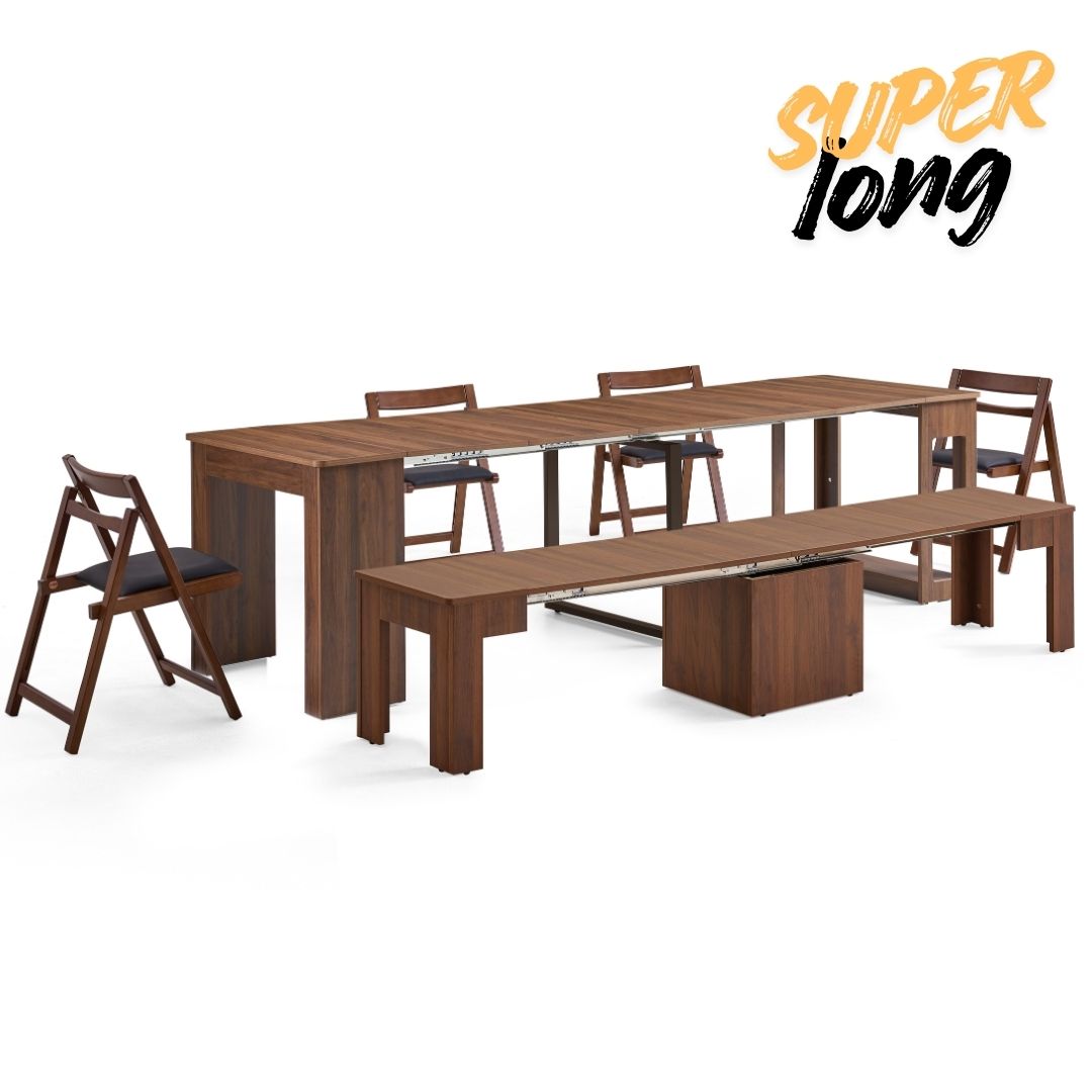 Flexi-Table Pro Set: 0.6m-2.8m Super Extendable Dining Table & Extendable Bench & 4 Foldable Chairs