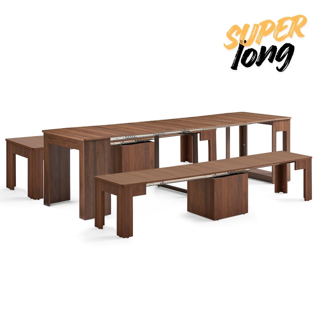 Flexi-Table Pro Set: 0.6m to 2.8m Extendable Dining Table & 2 Extendable Benches