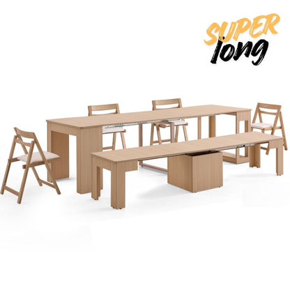 Flexi-Table Pro Set:  0.6m-2.8m Super Extendable Dining Table & Extendable Bench & 4 Foldable Chairs