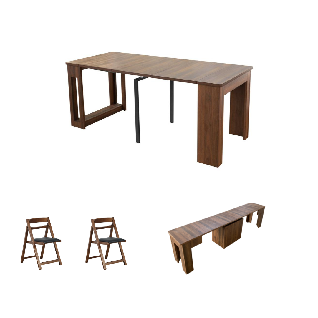 Flexi-Table Set:  0.4m-1.8m Extendable Dining Table + Extendable Bench + 2 Foldable Chairs